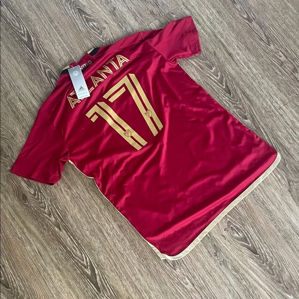 NWT Adidas ATL Atlanta United Red, Black Striped Soccer Jersey, Gold Accents SM